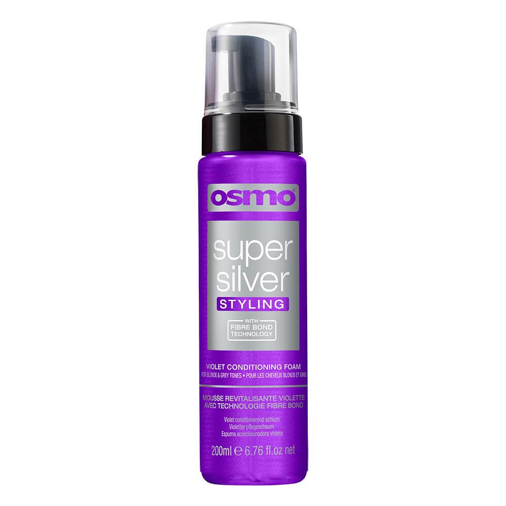 Purple cylindrical bottle of Osmo Super Silver Violet Conditioning Foam, featuring a black pump top and a label with bold white and silver text, 200ml size.
