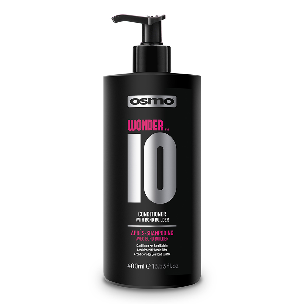 Black plastic pump bottle of Osmo Wonder 10 Hair Conditioner, 400 ml, featuring bold white and pink text, with a sleek design and a black pump dispenser on top.