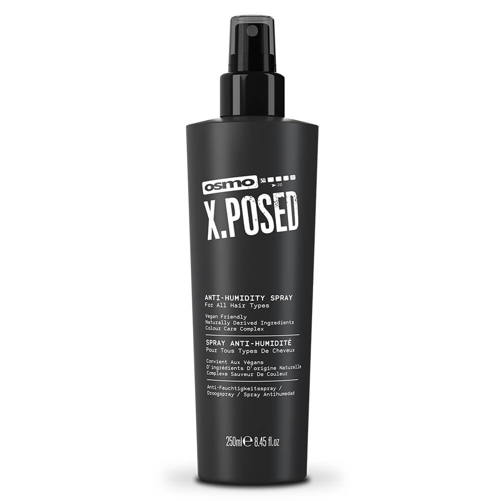 Black spray bottle with a sleek design, featuring bold white text reading "Osmo X.POSED Anti-Humidity Spray" and a capacity of 250ml, designed for all hair types.