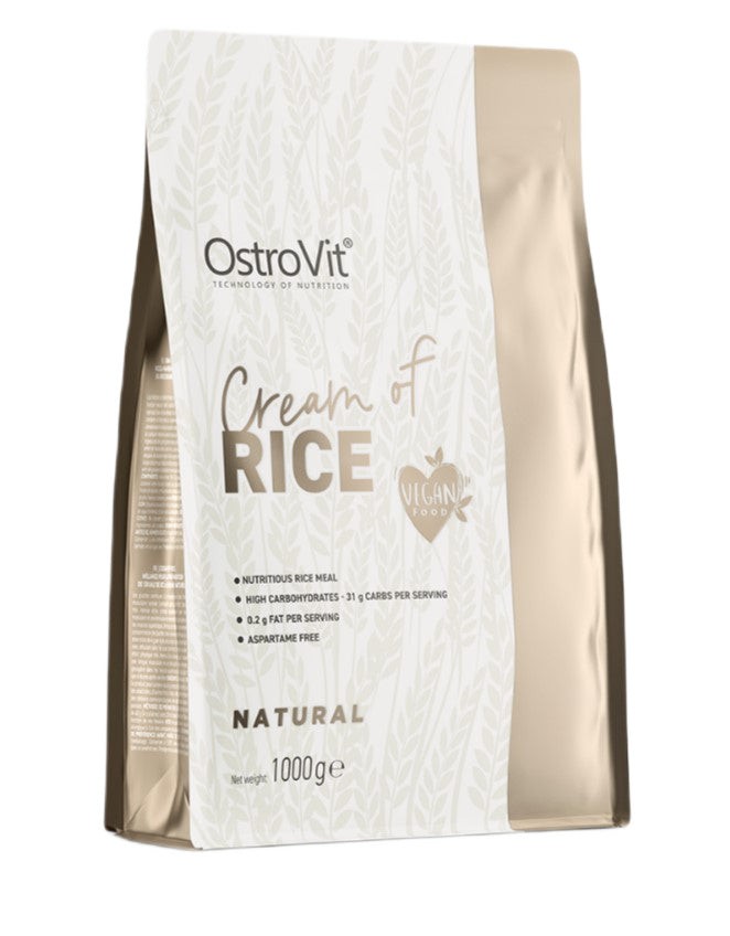 OstroVit Cream of Rice 1000g package in a silver and white design, featuring the product name and key nutritional details, labeled as vegan and natural.
