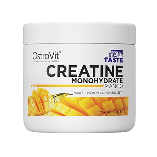 White plastic container with a screw-top lid, labeled "OstroVit Creatine Monohydrate 300g," featuring a mango design and the text "TRUE TASTE" in bold.