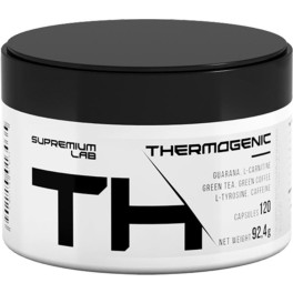 Black and white cylindrical container with a screw-on lid, labeled "Supremium Lab Thermo Fat Burner" and featuring key ingredients like guarana and green tea, holding 90 capsules.