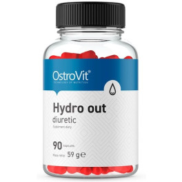 Transparent bottle containing 90 red capsules labeled "Hydro Out Diuretic" by OstroVit, with a blue and white design and a black screw-on cap.