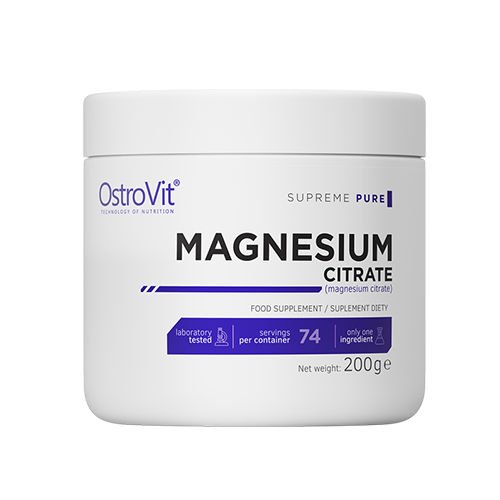 White plastic container with a screw-top lid, labeled "OstroVit Magnesium Citrate 200g," featuring a blue and purple design, indicating it is a natural food supplement.