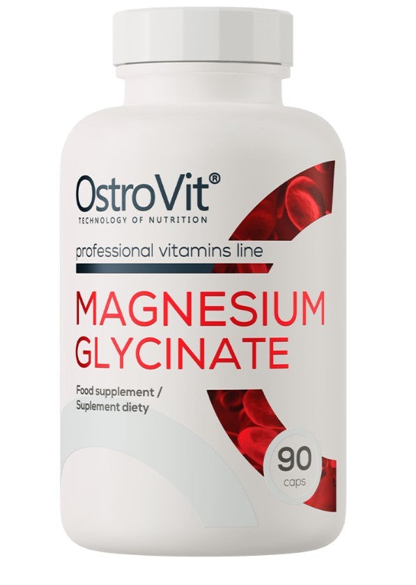 White plastic bottle with a screw-on lid, labeled "OstroVit Magnesium Glycinate" in bold red text, featuring a modern design and containing 90 capsules.