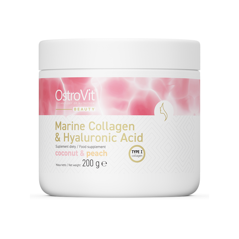 White container with a pink and peach label, featuring the text "Marine Collagen & Hyaluronic Acid" and "200g," emphasizing coconut and peach flavors, designed for hair, skin, and nails support.