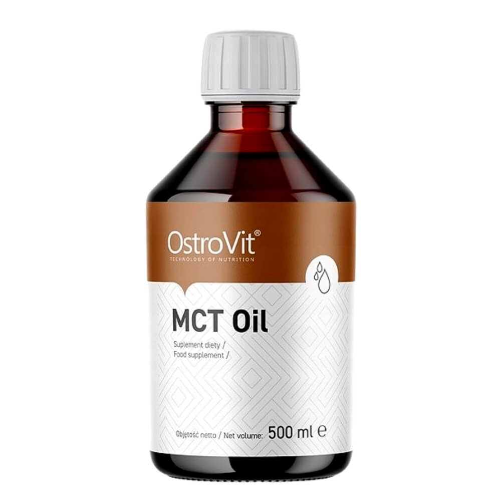 OstroVit MCT Oil in a dark brown glass bottle with a white cap, featuring a white label with geometric patterns and black text, labeled as a 500ml food supplement.