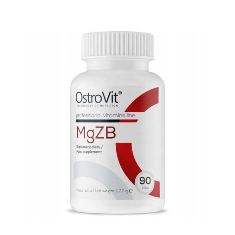 White bottle with a screw-top lid, labeled "OstroVit MgZB" in bold black and red text, containing 90 tablets for magnesium, zinc, and B6 sleep support.