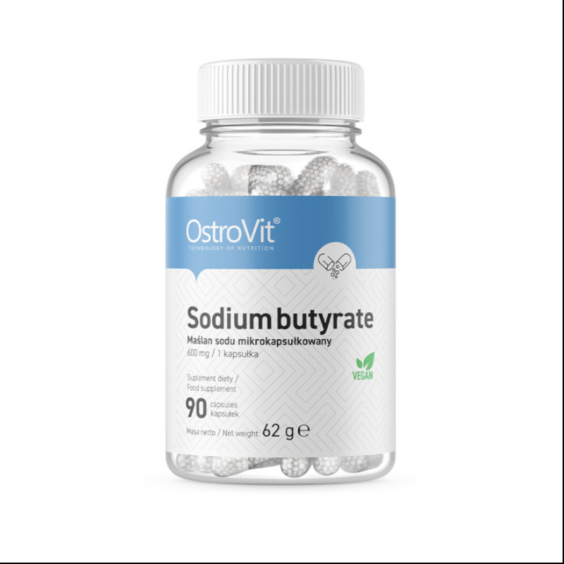 Clear plastic bottle containing 90 white capsules labeled "Sodium Butyrate, 600mg" with a blue and white design, featuring a vegan symbol and OstroVit branding.