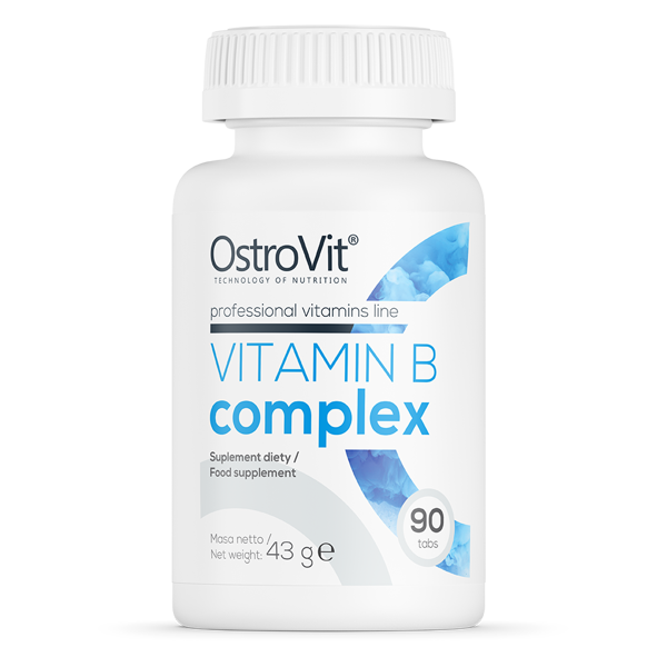 White plastic bottle with a blue and white label, featuring "OstroVit Vitamin B Complex" in bold letters, containing 90 tablets, with a net weight of 43g.