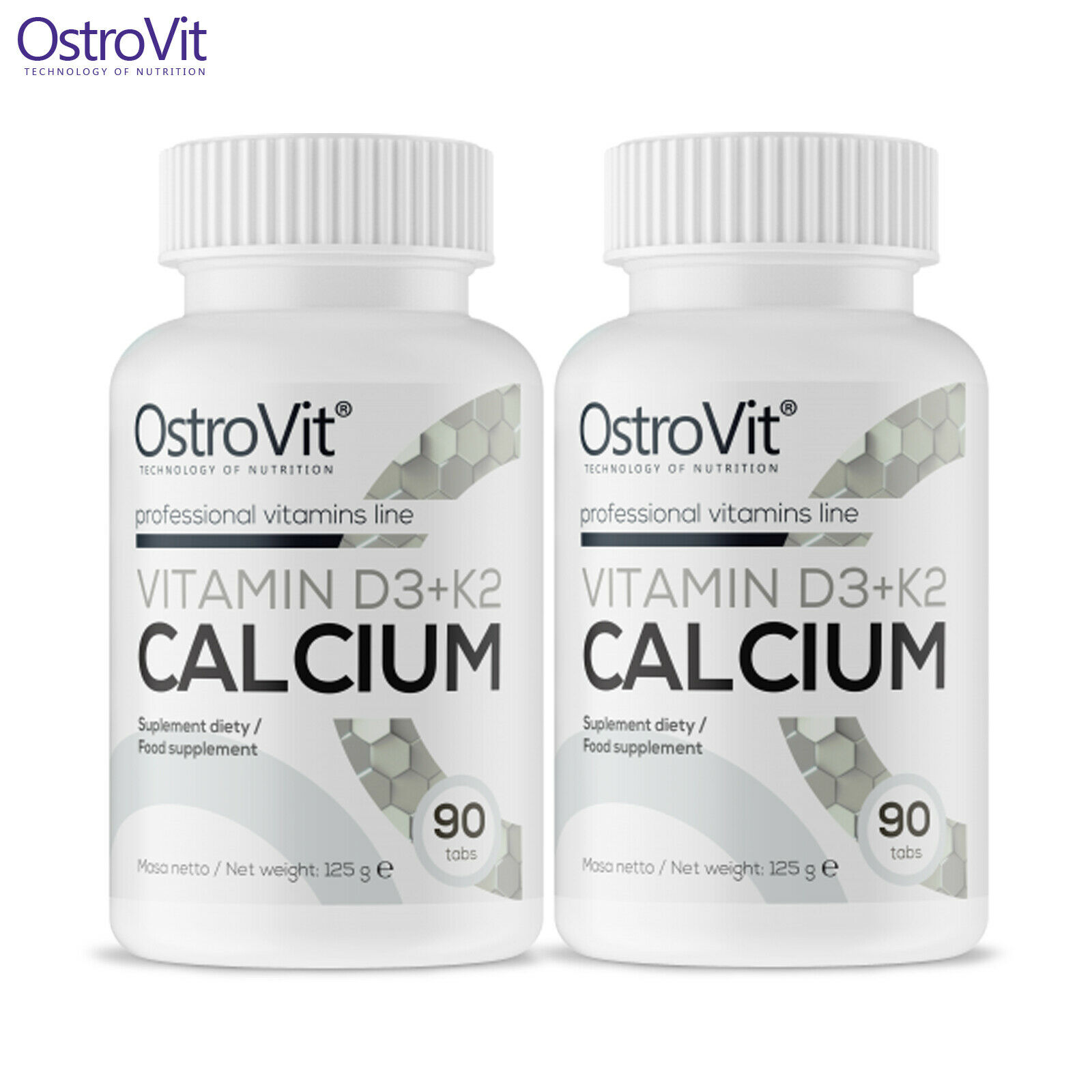 Two white bottles of OstroVit Vitamin D3 + K2 + Calcium dietary supplement, each containing 90 tablets, with a modern design and clear labeling on a light background.