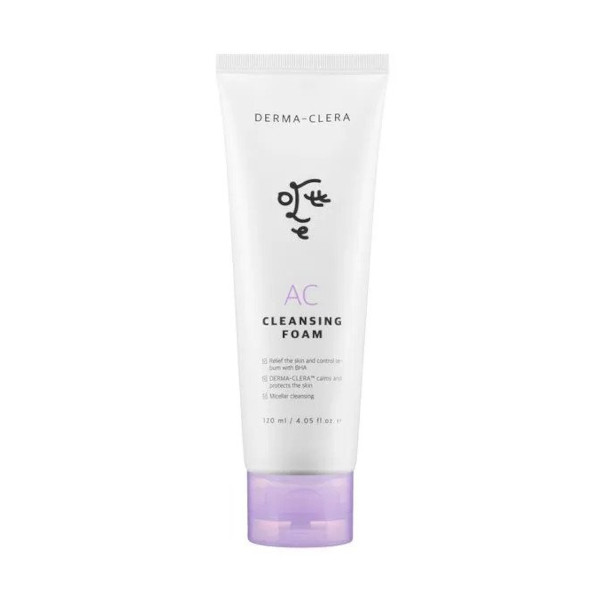 White tube with a purple cap, featuring minimalist black line art and text, labeled "DERMA-CLERA AC CLEANSING FOAM," containing 120ml/4.05oz of product.