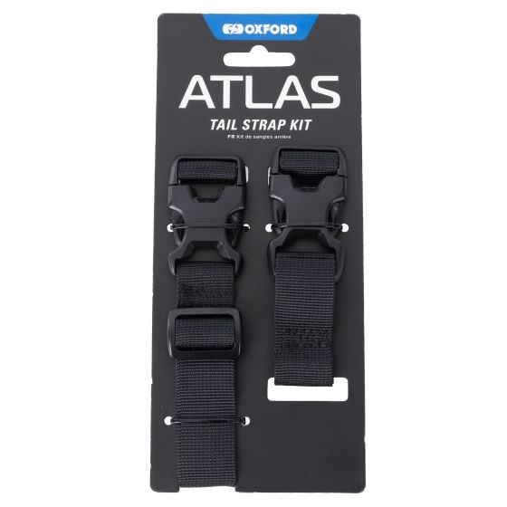 Black nylon tail straps with adjustable buckles, featuring a sturdy design, packaged on a branded card with "Oxford Atlas" prominently displayed.