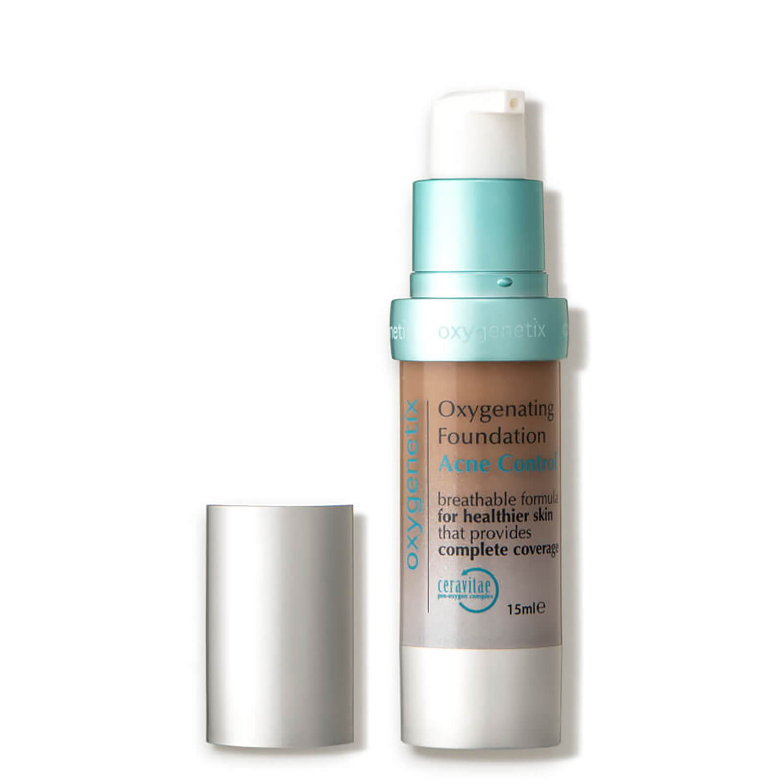 Oxygenetix Oxygenating Acne Control Foundation in a sleek pump bottle with a silver cap, featuring a light beige shade and a label highlighting its breathable formula for complete coverage.