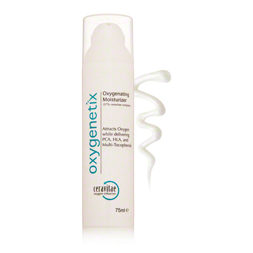 Oxygenetix Oxygenating Hydro-Matrix in a sleek white bottle with a pump dispenser, featuring green text and a swirl of cream-colored product emerging from the nozzle.