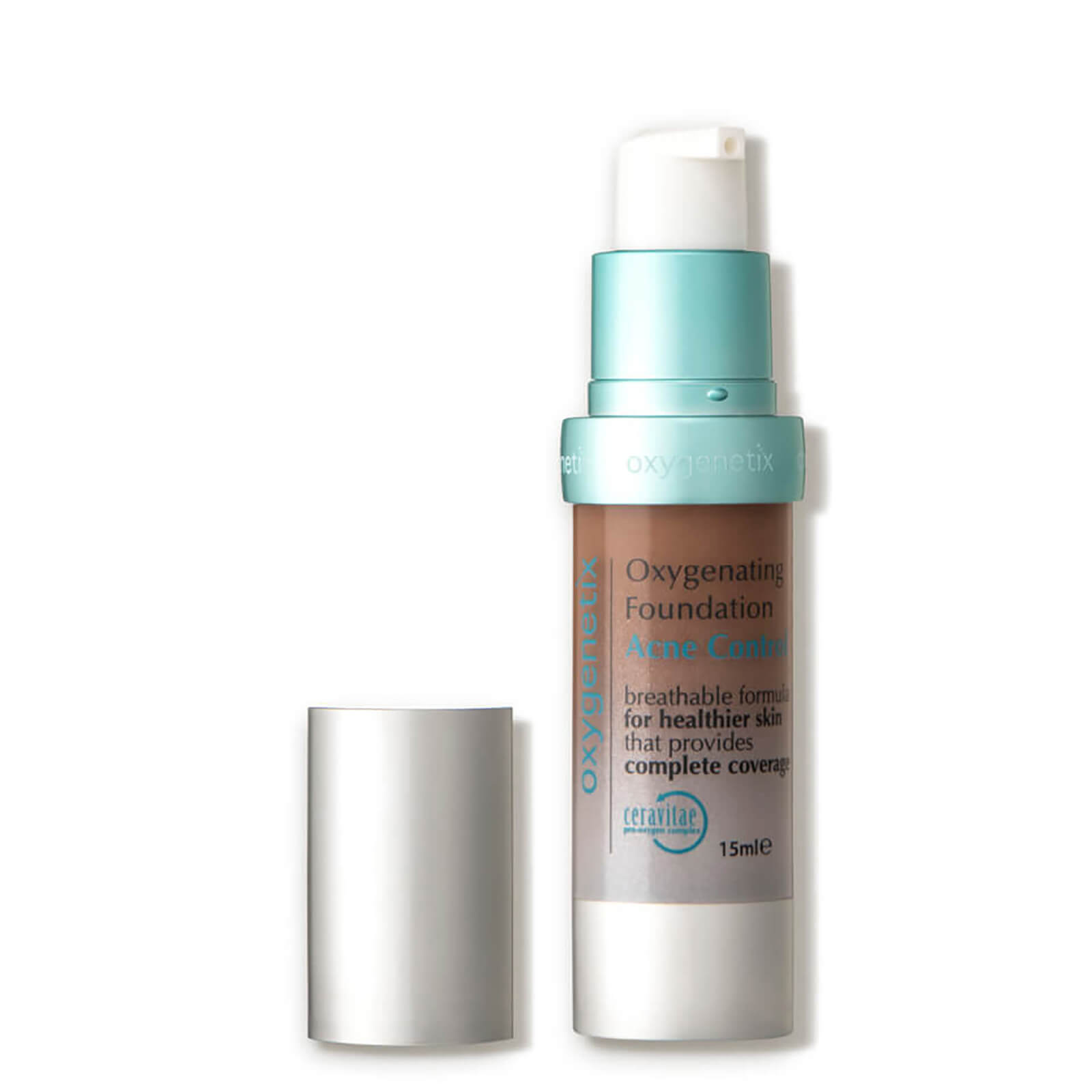 Oxygenetix Oxygenating Acne Control Foundation in Mahogany, featuring a sleek pump bottle with a mint green cap, designed for breathable, complete coverage in various shades.