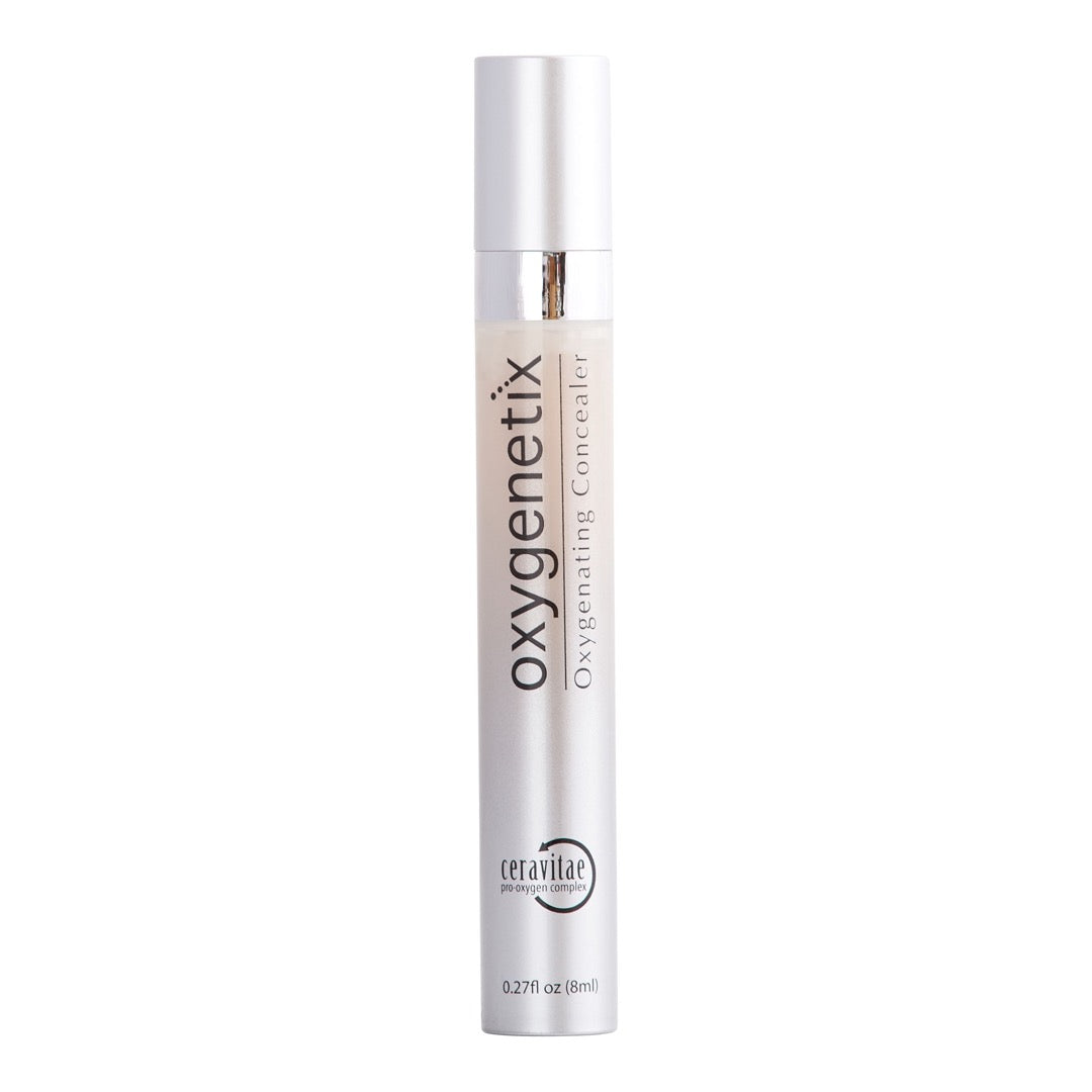 Oxygenetix Oxygenating Concealer in B-1.0 Pearl, 8ml, features a sleek silver tube with a pump applicator, designed for maximum coverage and non-creasing application.