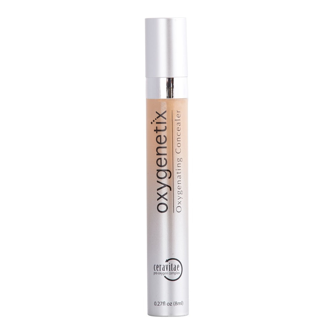Oxygenetix Oxygenating Concealer in Y-3.0 Beige, 8ml tube with a sleek silver design, offers maximum coverage and skincare benefits for a non-creasing finish.