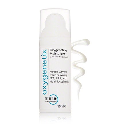 Clear plastic pump bottle of Oxygenetix Oxygenating Hydro-Matrix, featuring a white cap and a swirl of creamy moisturizer beside it, labeled with blue and green accents.