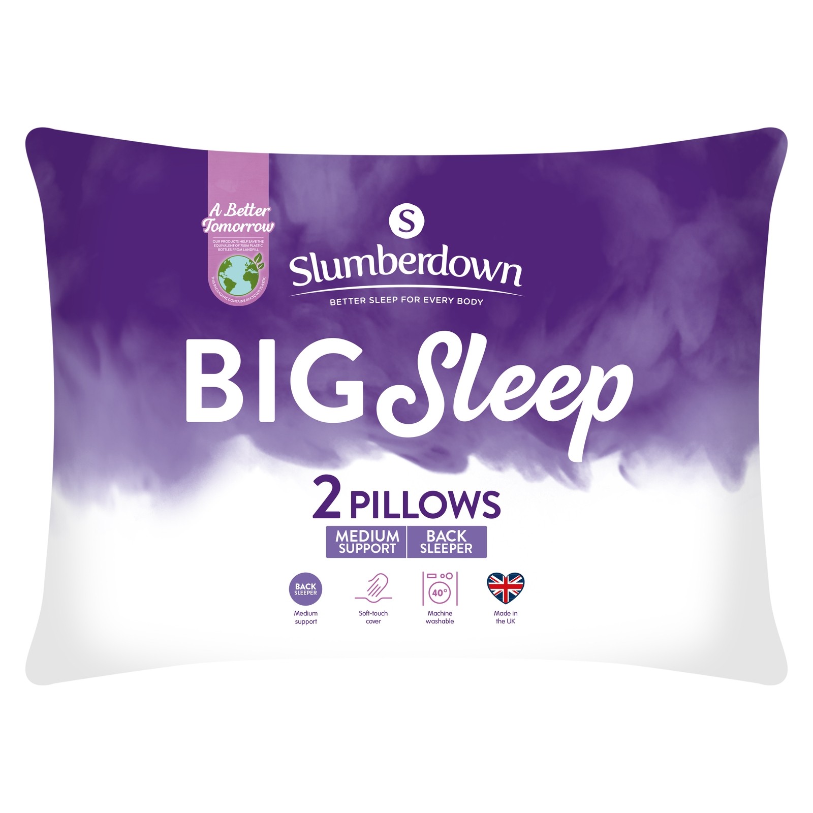 Two Slumberdown Big Sleep Pillows in a pack, featuring a soft-touch fabric, medium support, and a purple and white design with text highlighting back sleeper suitability.