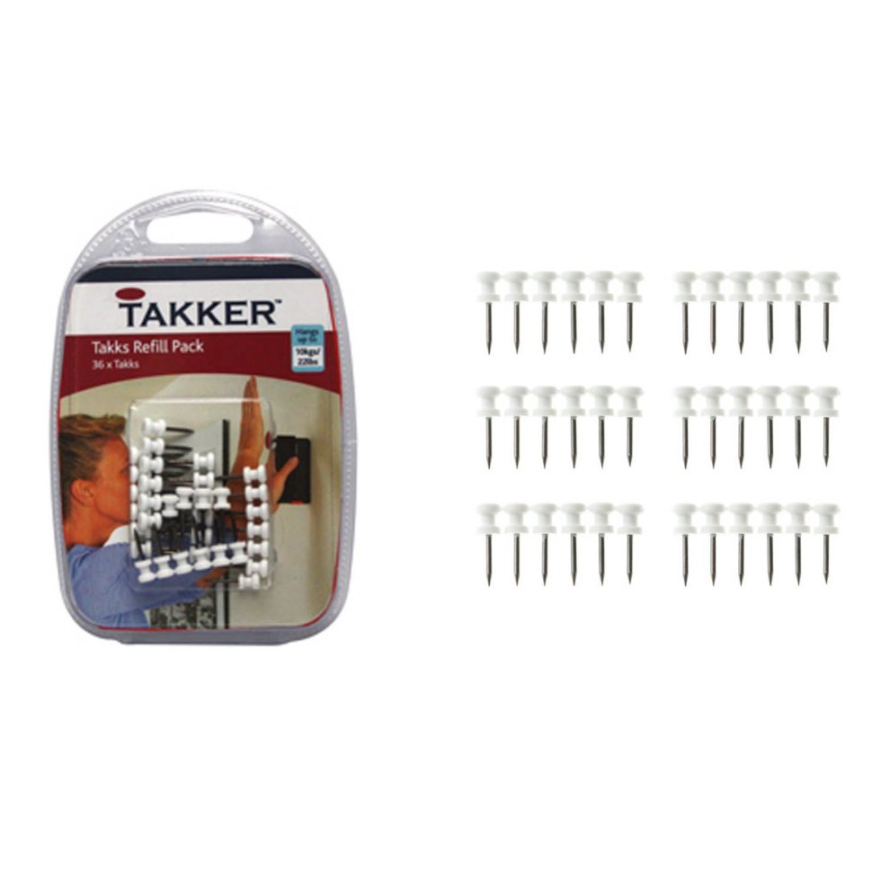 Takker TS20 Takks Refill Pack featuring 36 white plastic tacks with sharp metal points, packaged in a clear plastic case with a colorful label showing usage instructions.
