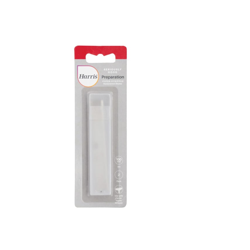 Harris Seriously Good Super Stripper Blades in a transparent plastic packaging, featuring a red and white header, with a 100mm blade size indicated on the label.