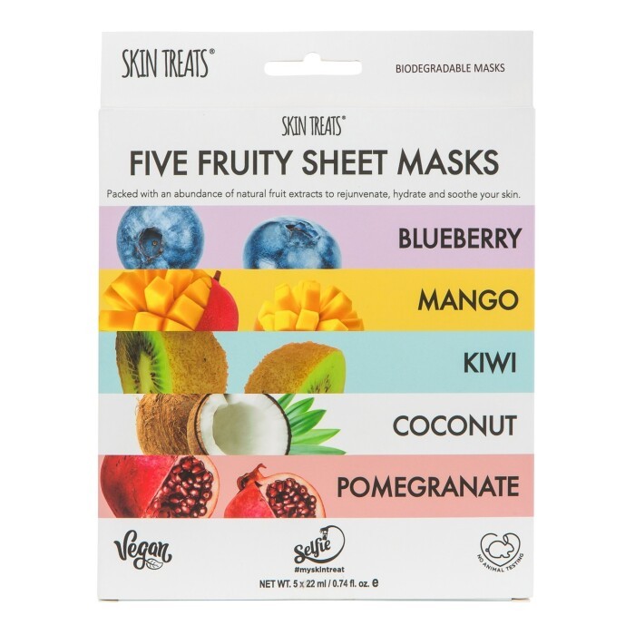 Five colorful sheet mask packets in a white box, featuring fruit illustrations: blueberry, mango, kiwi, coconut, and pomegranate, labeled with "biodegradable" and "vegan" tags.