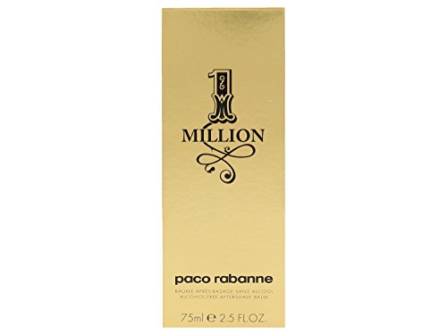 Gold rectangular box with a shiny finish, featuring the text "1 MILLION" in black, and "paco rabanne" below in a smaller font, indicating a 2.5 oz after shave balm for men.