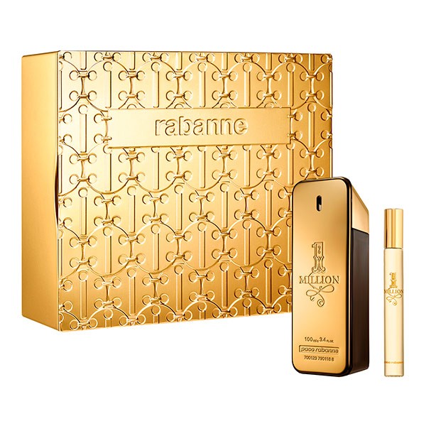 Gold gift box with embossed design, containing a 100 ml bottle of Paco Rabanne 1 Million EDT and a 10 ml miniature version, both featuring sleek gold and black packaging.
