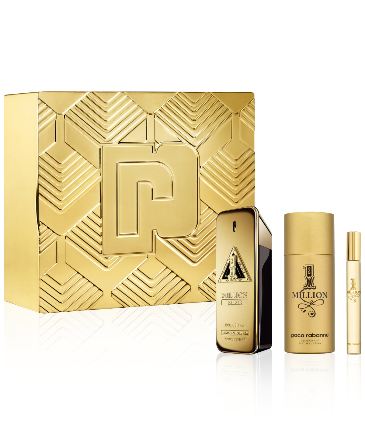 Gold gift set featuring the Paco Rabanne 1 Million Elixir fragrance bottle, a sleek black bottle, and a travel-sized spray, all presented in an ornate gold box with a geometric design.