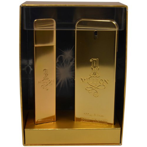 Gold gift set featuring a 100 ml bottle and a 10 ml miniature of Paco Rabanne 1 Million EDT, presented in a clear box with a starry background.