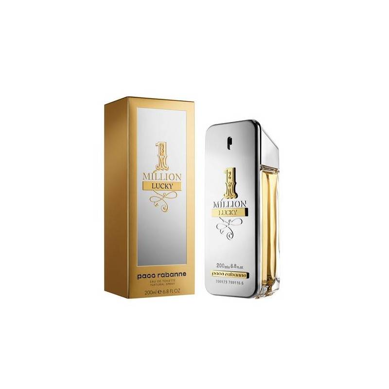 Gold and silver rectangular box with "1 Million Lucky" branding beside a sleek, clear glass bottle featuring a silver cap and golden liquid inside.