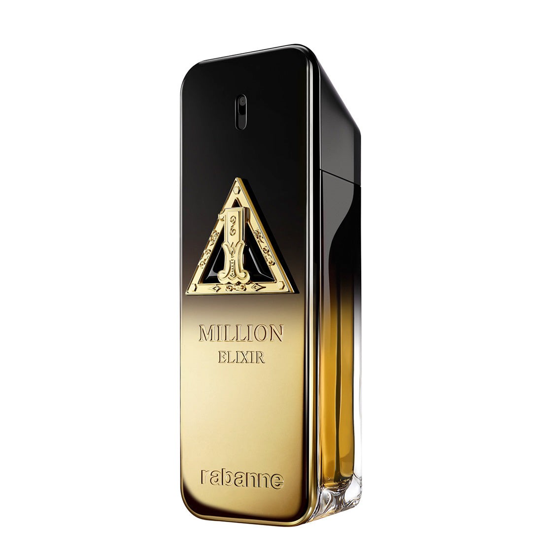 Black and gold bottle of Paco Rabanne 1 Million Night Elixir Parfum, featuring a triangular emblem and a sleek, modern design, with a gradient from gold to black.
