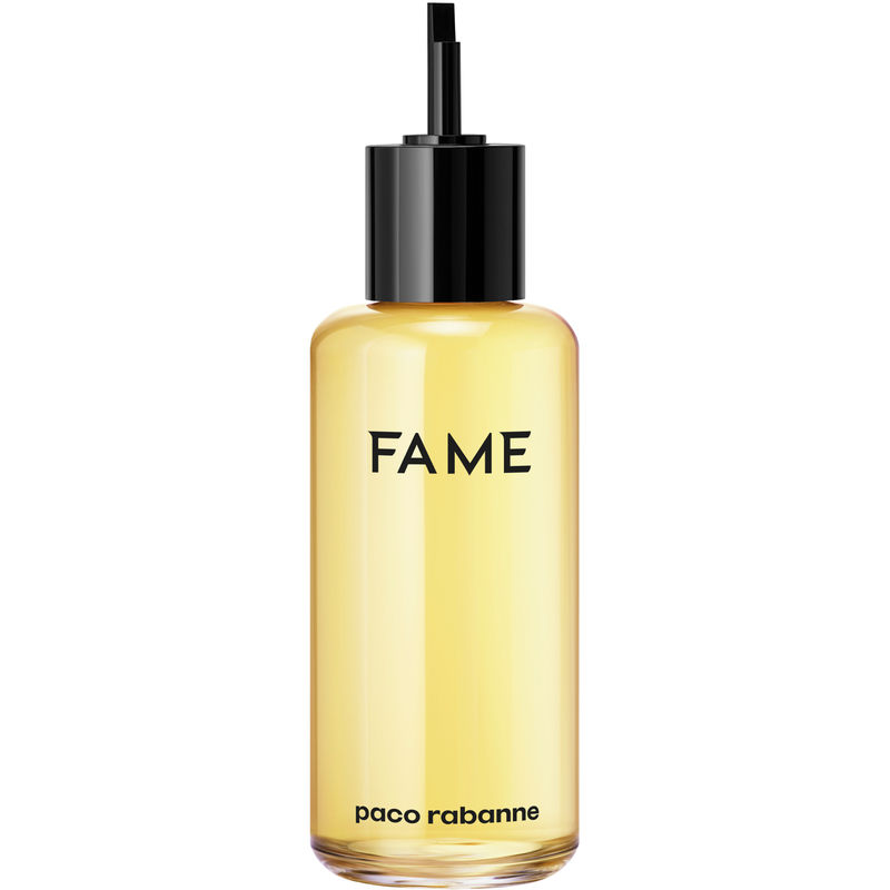 Transparent glass bottle of Paco Rabanne Fame EDP, featuring a sleek design with a black cap, and bold black lettering on a yellow liquid background.