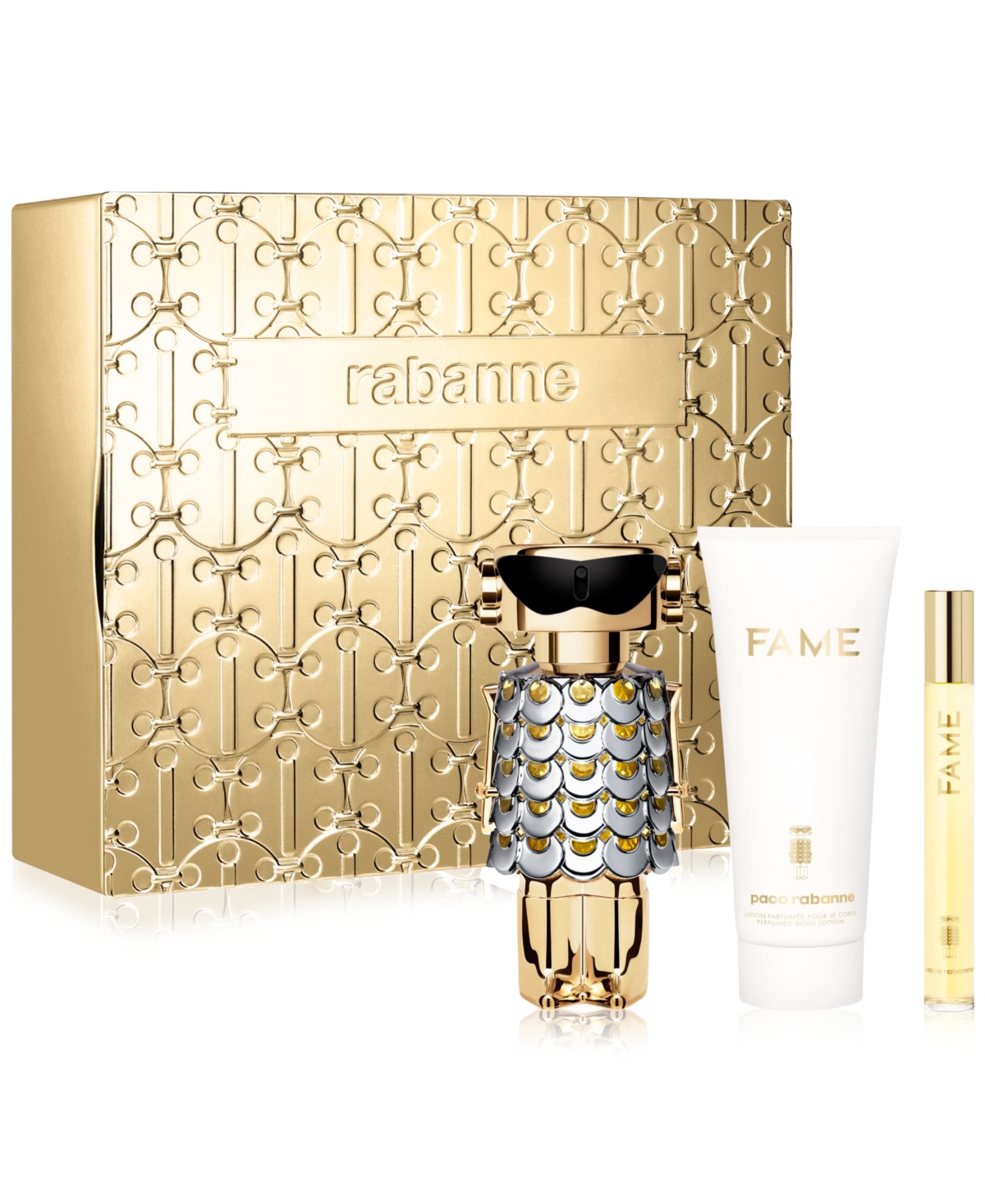 Gold gift box featuring a shimmering bottle of Fame perfume, a white body lotion, and a small rollerball fragrance, all elegantly presented with a luxurious design.