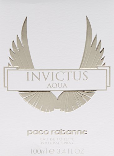 Clear glass bottle with a silver cap, featuring a winged design and a label that reads "Invictus Aqua" in bold letters, set against a white background.