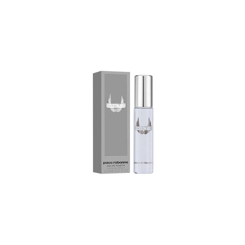 Clear glass bottle with a silver cap, featuring a minimalist design; accompanied by a grey box displaying the "Invictus" logo and "Paco Rabanne" branding.