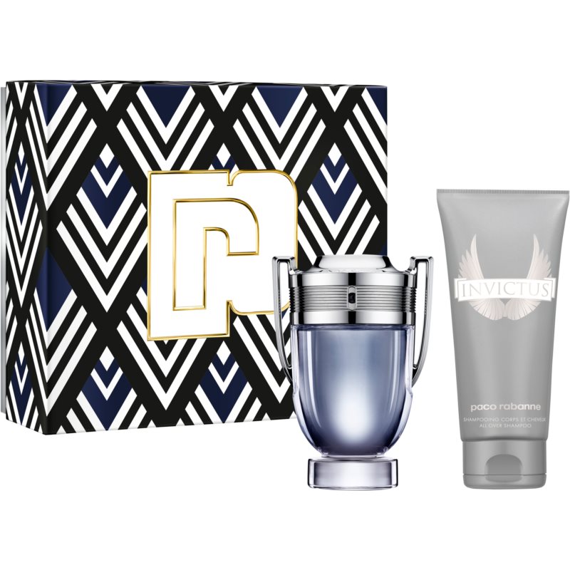 Paco Rabanne Invictus gift set featuring a sleek silver trophy-shaped bottle of 100ml EDT and a 100ml shower gel, presented in a stylish black and white patterned box.