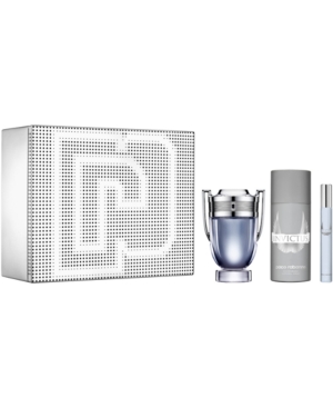 Silver box featuring a dotted logo design, containing a 100ml Eau De Toilette in a trophy-shaped bottle, a 10ml travel spray, and a sleek gray bottle.