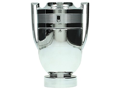Silver trophy-shaped bottle with a shiny finish, featuring a cylindrical base and two handles, labeled "Paco Rabanne Invictus EDT 100ml."