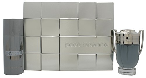 Silver gift box featuring the Paco Rabanne logo, containing a 100ml Invictus EDT bottle with a trophy-like design and a 150ml grey deodorant spray.