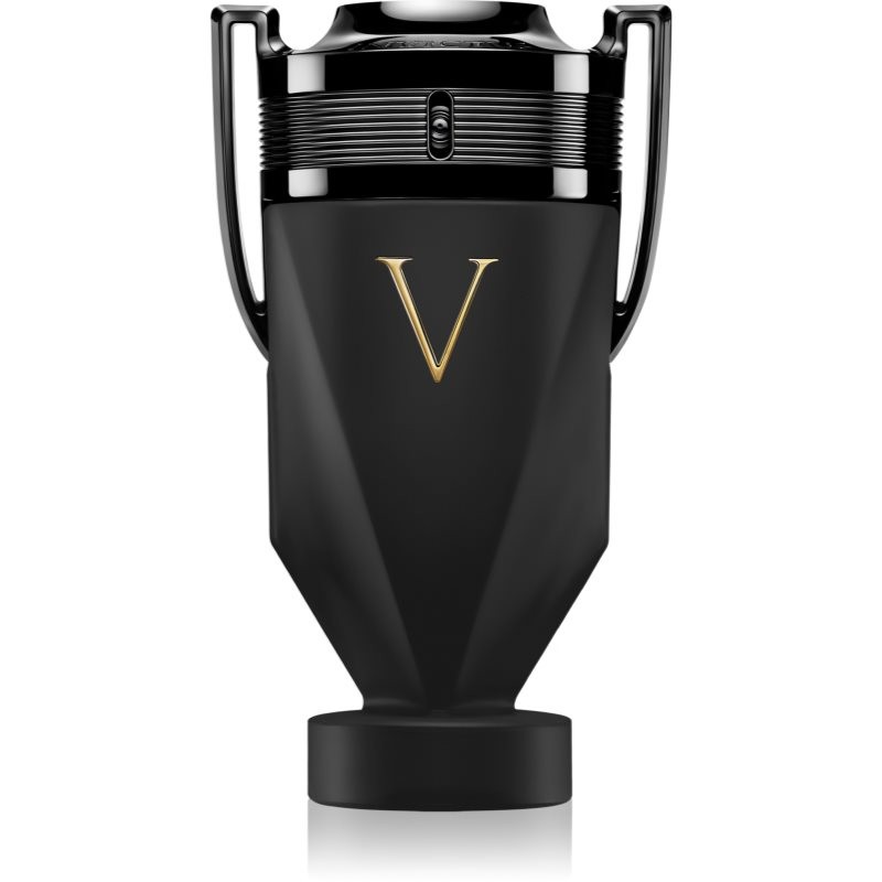 Black trophy-shaped bottle with a matte finish, featuring a gold "V" emblem and sleek silver accents, designed for Invictus Victory Absolu by Paco Rabanne, 6.8 oz parfum intense spray for men.