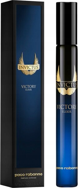 Paco Rabanne Invictus Victory Elixir Extrait De Parfum for Men in a sleek black and blue bottle, featuring gold accents and a winged logo, presented in a matching box.