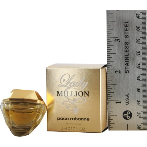 Golden, diamond-shaped bottle of Paco Rabanne Lady Million Eau de Parfum, accompanied by a gold box, with a ruler indicating the 5ml size.