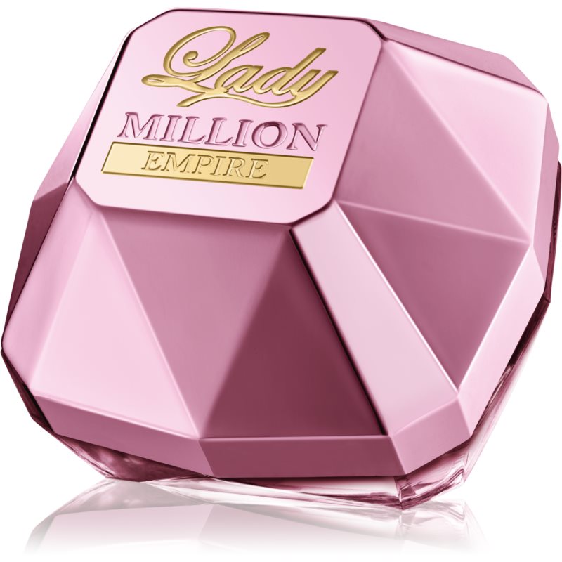 Faceted pink diamond-shaped bottle with gold accents, featuring "Lady Million Empire" label, containing 30ml of fragrance by Paco Rabanne.