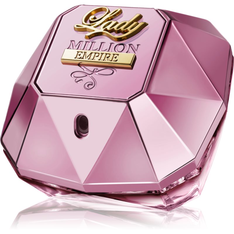 Pink diamond-shaped bottle with gold accents and "Lady Million Empire" label, featuring a faceted design and a sleek, modern look, containing 1.7 oz of women's eau de parfum.