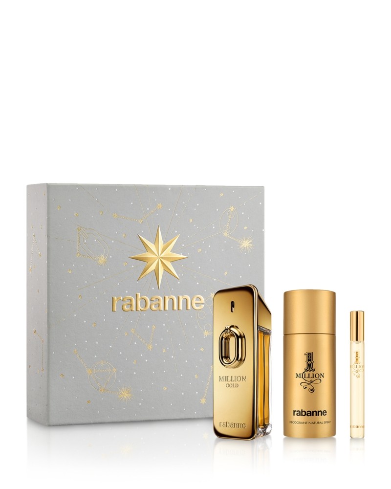 Gold-themed gift set featuring a 100ml EDP Intense bottle, a 150ml deodorant spray, and a 10ml EDP Intense, all presented in a silver box with gold star designs and the "rabanne" logo.