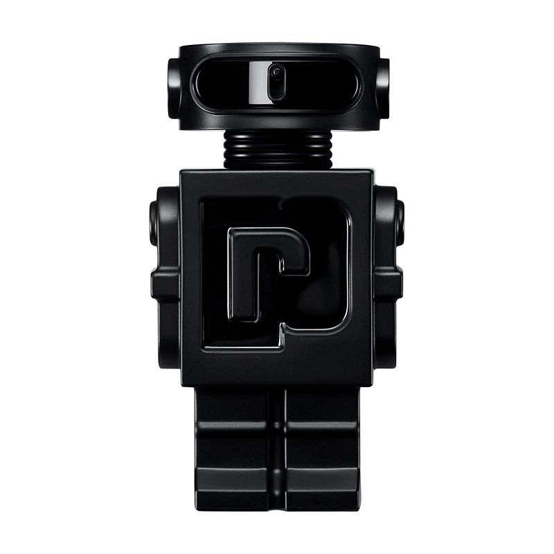 Black robot-shaped bottle with a glossy finish, featuring the letter "P" on the front, designed for Paco Rabanne Phantom Parfum Eau De Parfum 15ml Spray.