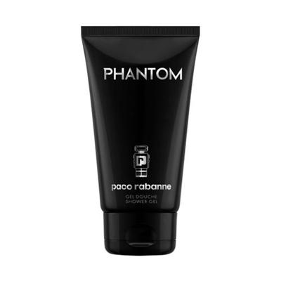 Black squeeze tube of Paco Rabanne Phantom Shower Gel, 150ml, featuring bold white text and a minimalist design, with a clear cap and iconic logo.