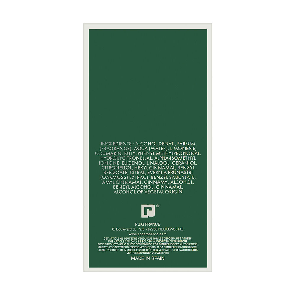Green rectangular box featuring white text listing ingredients, with a logo at the bottom and "MADE IN SPAIN" printed on the lower section.